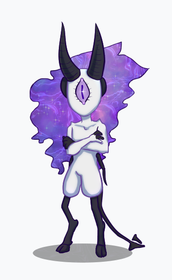 A one-eyed horned woman with galaxy hair, looking distasteful.